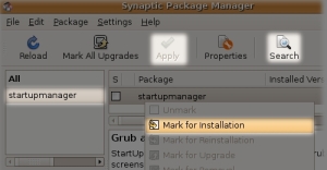 Installing the start up manager using the Synaptic package manager.